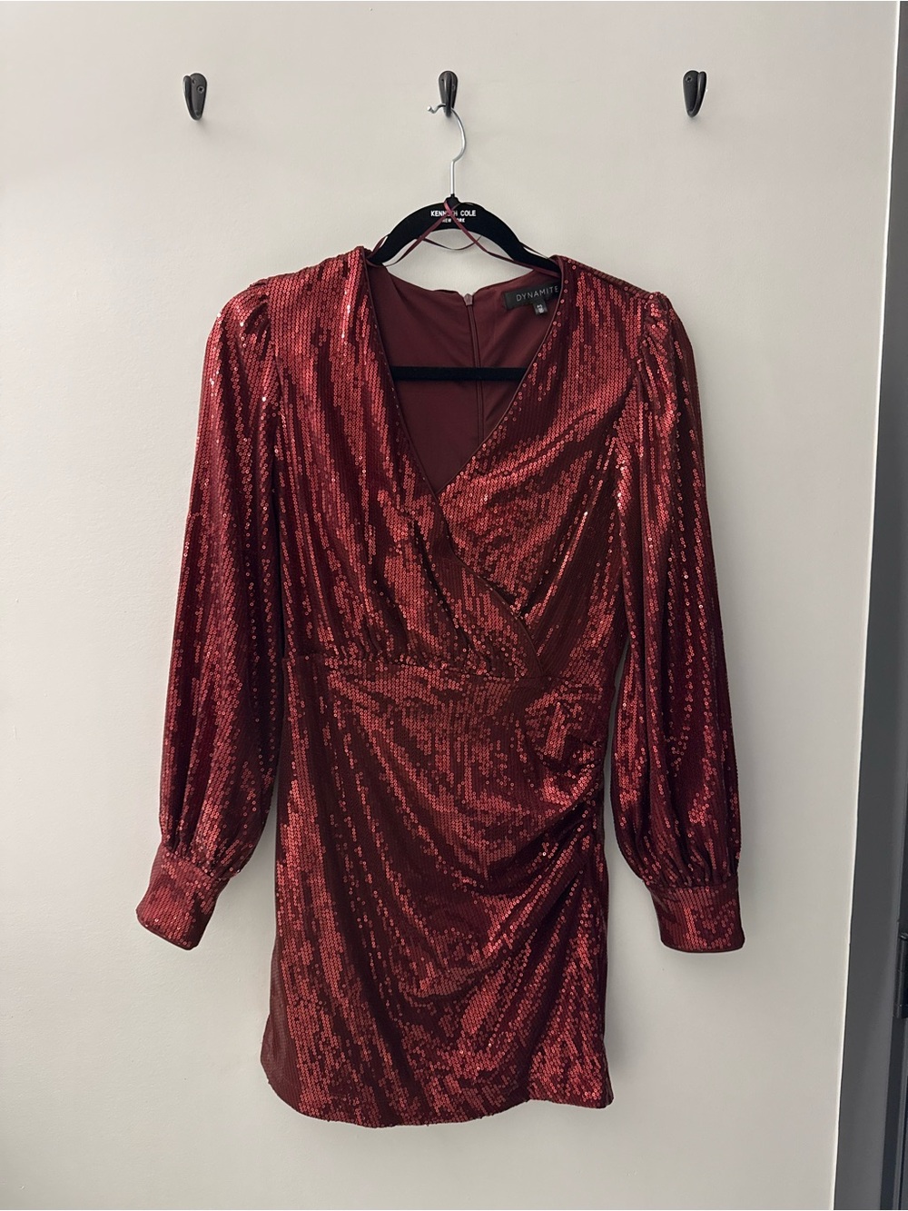 Dynamite Metallic Red Sequin Wrap Dress with Long Sleeves